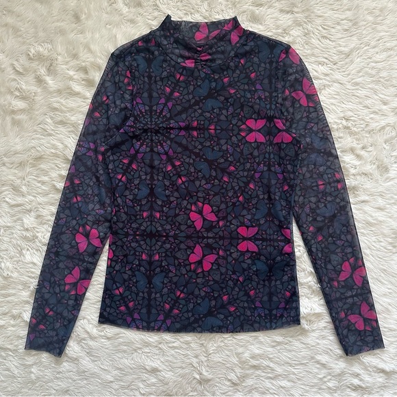 Ted Baker Top Kamill Printed Mesh Long Sleeve Butterfly Kaleidoscope Sz 8 - Picture 2 of 12